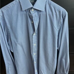 Ralph Lauren Men's Blue and White Striped Dress Shirt